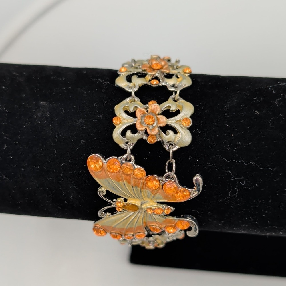 Gold And Silver Tone Enamel Butterfly Floral Link Bracelet Orange Rhinestone - Picture 15 of 16